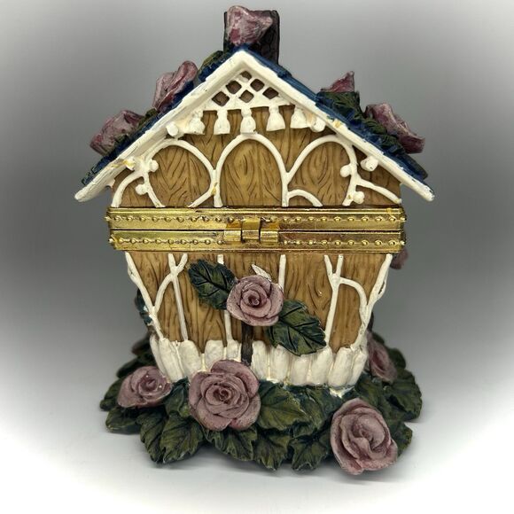 Ceramic Birdhouse Blue Roof House Purple Rose Flower Hinged Trinket Jewelry Box - Picture 4 of 10